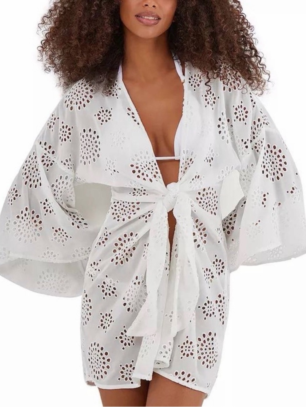 ViX Paula Hermanny Perola White Eyelet Short  Cover-Up Tie-Front Beach Sz Medium